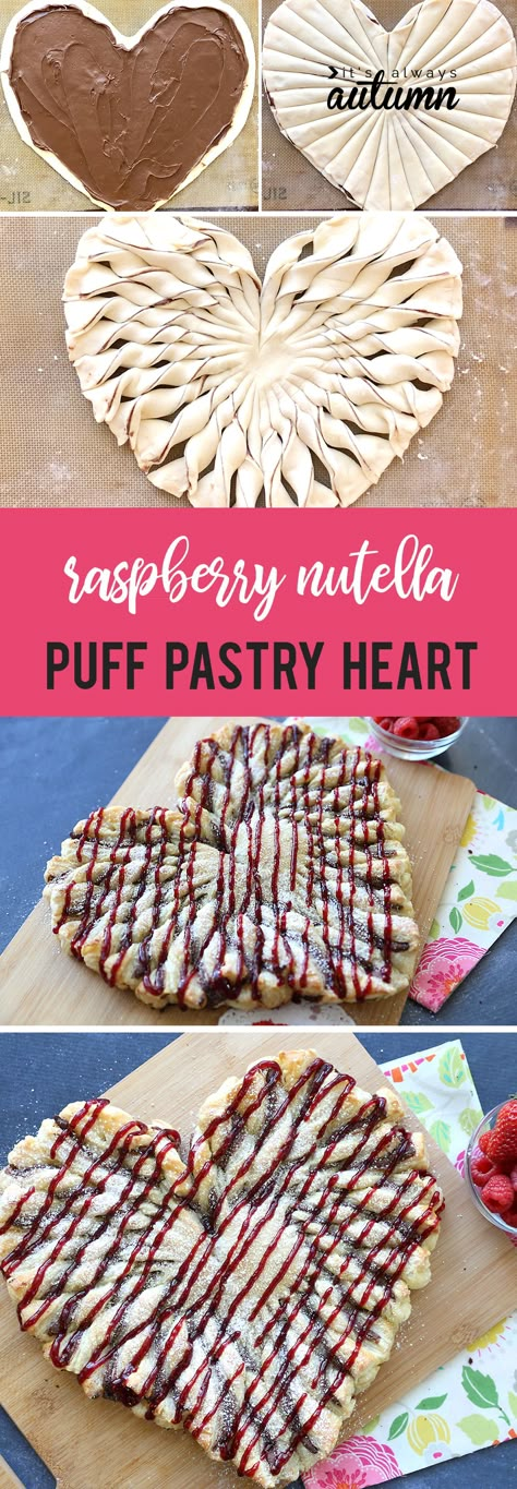 This raspberry nutella puff pastry heart is an easy Valentine's dessert everyone will love! Quick and easy recipe. #itsalwaysautumn #valentines #valentinesdaytreat Easy Pastries, Nutella Raspberry, Nutella Puff Pastry, Puff Pastry Desserts, Best New Recipes, Valentine Desserts, Frozen Puff Pastry, Valentines Day Desserts, Nutella Recipes