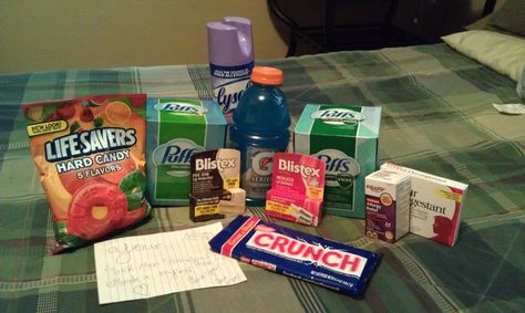 My bf was sick, so I went out n bought a bunch of stuff sick people might need n called it my "sick man stimulous pack" as a surprise for him when he got home :) Bf Care Package, Healthy Care Package, Post Surgery Care Package, Summer Camp Care Package, Kids Care Package, Surgery Care Package, Boyfriend Care Package, Sick Gift, Surprise For Him