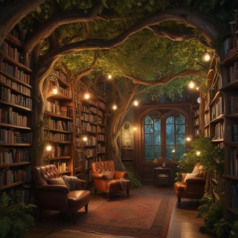 Fairy Core Library, Fantasy Library Exterior, Forest Library Aesthetic, Green Library Aesthetic, Treehouse Library, Fantasy Bookstore, Woodland Library, Fairytale Library, Whimsical Library