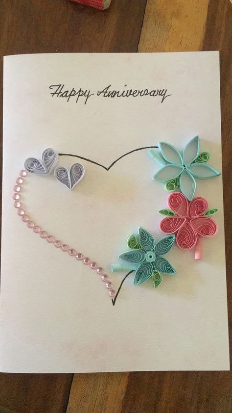 Quilled anniversary card Paper Quilling Anniversary Cards, Quilling Anniversary Cards Handmade, Quilled Anniversary Card Ideas, Anniversary Quilling Card, Quilled Anniversary Cards, Quilling Anniversary Cards, Quilled Wedding Cards, Diy Wedding Anniversary Cards, Work Anniversary Cards