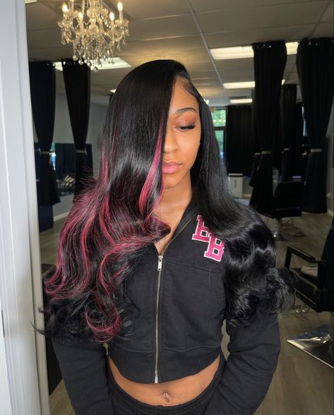 Closure Sew In Color, Skunk Stripe Quick Weave, Quick Weave Color Ideas, Color Leave Out Sew In, Leave Out Sew In Weave Side Part Color, Leather Birthday Outfit, Side Part Quickweave With Curls, Sew In Birthday Hairstyles, Peek A Boo Quick Weave