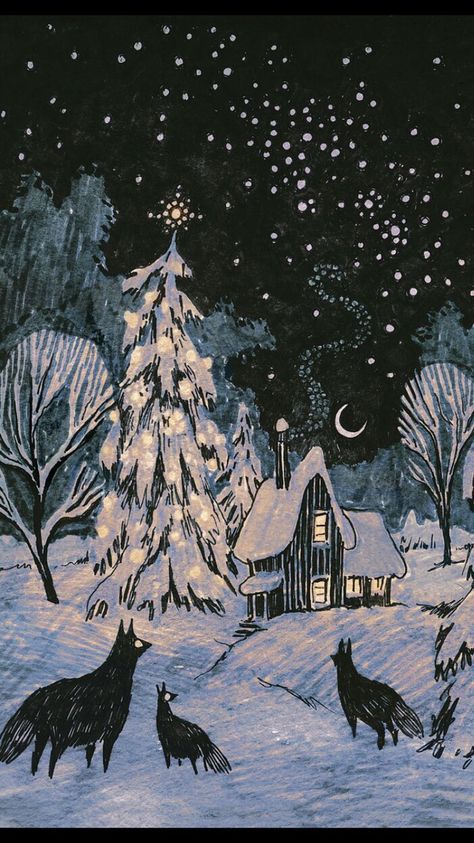 Ulla Thynell, The Snow, Trees, Cabin, Christmas Tree, Stars, Christmas, Animals, Black