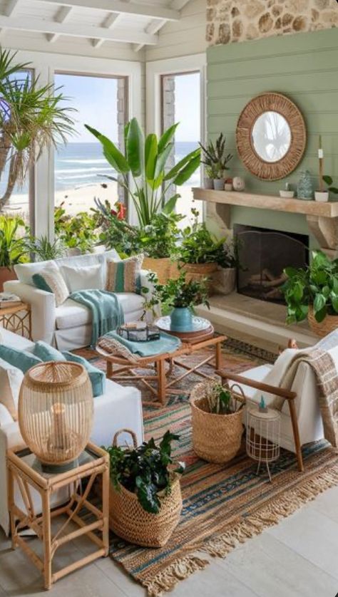 Modern Coastal Boho Living Room, Coastal Indoor Plants Living Rooms, Hawaii Cottage Interior, Coastal Interiors Design Living Room, Boho Beach Interior, Beach House Interior Design Boho, Whimsical Beach House, Boho Beach Home Decor, Mediterranean Living Room Inspiration