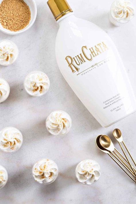 Rumchata Cheesecake Pudding Shots Run Chata Pudding Shots, Rum Chata Pudding Shots, Cheesecake Pudding Shots, Rumchata Cheesecake, Mini Dessert Shots, Rumchata Pudding Shots, Rumchata Recipes, Rum Chata, Jello Pudding Shots