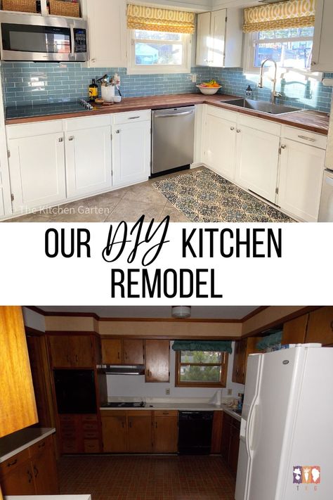 See the before and afters of our DIY 1950's kitchen remodel that including painting cabinets, new flooring, butcher block countertops and glass tile backsplash. 1950s Kitchen Remodel, Kitchen Remode, Tile Backsplash Kitchen, Glass Tile Backsplash Kitchen, Ranch House Remodel, Mobile Home Kitchen, Simple Kitchen Remodel, 1950s Kitchen, Luxury Vinyl Tile Flooring