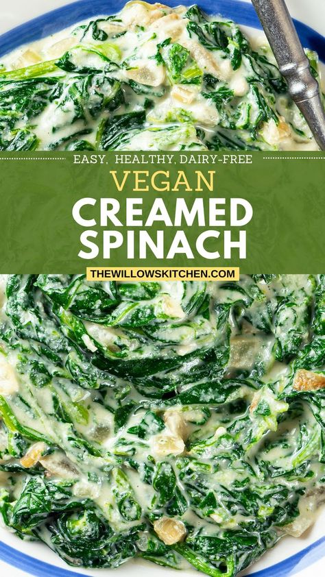 Photo of the plate with Vegan Creamed Spinach made with cashews Frozen Spinach Recipes Vegan, Dairy Free Creamed Spinach, Snack Prepping, Vegan Creamed Spinach, Spinach Coconut Milk, Healthy Creamed Spinach, Cream Spinach, Creamy Spinach Sauce, Spinach Recipes Vegan