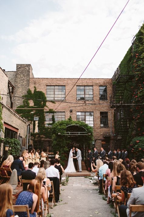 Salvage one chicago outdoor wedding ceremony. warehouse wedding venue in the midwest by O’Malley King Photography | www.omalleyking.com   #grandrapidsweddingphotographer #grandrapidsengagementphotographer #detroitweddingphotographer #midwestweddingphotographer #michiganweddingphotographer Salvage One Chicago, Industrial Wedding Aesthetic, Salvage One Wedding Chicago, One Chicago, Getting Married Abroad, Wedding Fund, Venue Inspiration, Midwest Wedding, Wedding Consultant