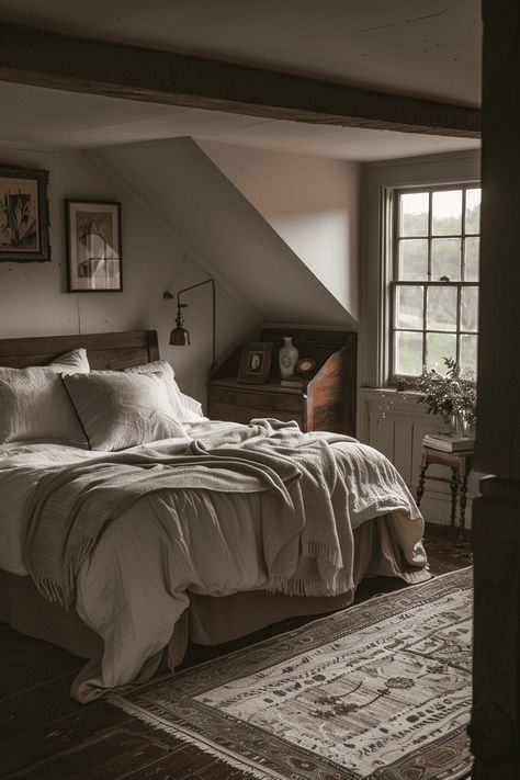 clean and simple farmhouse bedroom Moody Farmhouse Bedroom, Deep Blue Bedding, Modern Farmhouse Bedroom Master Suite, Simple Farmhouse Bedroom, Dark Modern Bedroom, Small Modern Bedroom, Moody Lighting, Distressed Wood Furniture, Farmhouse Bedrooms