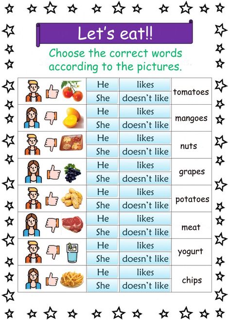 Likes - Dislikes He - She worksheet Like Likes Worksheet, Likes And Dislikes Worksheets, Grammar Quiz, Reading Test, English Grammar Worksheets, Listening Comprehension, Likes And Dislikes, Learn English Grammar, English Lessons For Kids