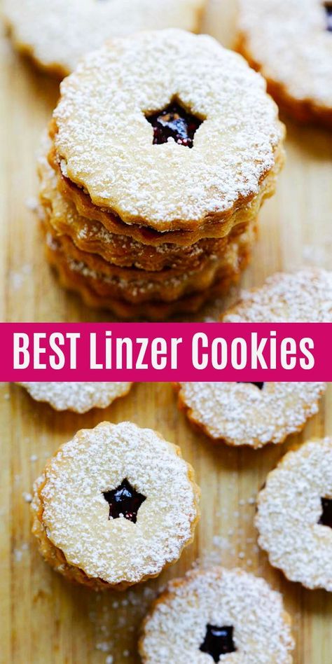 Linzer Cookies - buttery and crumbly Linzer Cookies recipe that is loaded with raspberry jam and dusted with powdered sugar. Must-bake for holidays | rasamalaysia.com #cookies #christmas #baking #holidays Funny Christmas Cookies, Linzer Tart Cookies, Linzer Cookie, Sandwich Cookies Filling, Linzer Cookies Recipe, Linzer Cookies, Jar Ideas, Xmas Cookies, Raspberry Jam