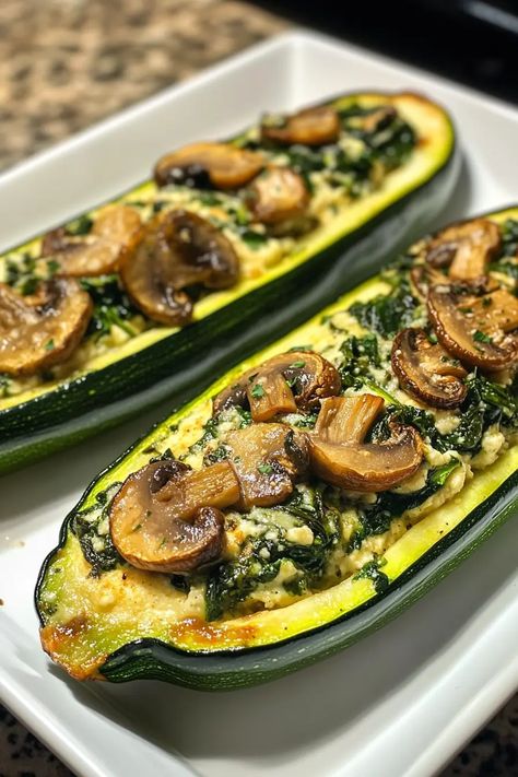 Spinach, Mushroom, and Ricotta Stuffed Zucchini Boats Recipe - MmmRecipes : Easy and Delicious Recipes Stuffed Zucchini Boats With Ricotta, Vegetarian Zucchini Boats, Zucchini Boats Recipe, Zucchini Dinner Recipes, Zucchini Boat Recipes, Stuffed Zucchini Boats, Spinach Mushroom, Stuffed Zucchini, Zucchini Boats