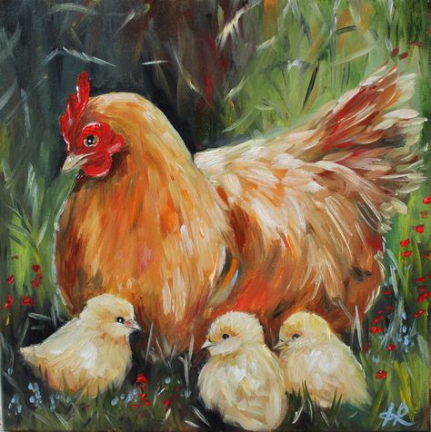 Painting oil on canvas, Country Art, Chicken Art, Farm Animals, Chicks Chicks Painting, Hen Painting Acrylic, Chicken Painting Acrylic Roosters, Chicken Paintings, Watercolour Chickens Hens, Rooster Oil Painting, Farm Animal Painting, Hen And Chicks, Farm Animal Paintings