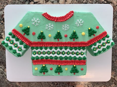 Christmas sweater cake Ugly Christmas Sweater Cake Ideas, Ugly Sweater Cake Ideas, Christmas Sweater Cake, Ugly Christmas Sweater Cake, Ugly Sweater Cake, Holiday Themed Cakes, Sweater Cake, Sheet Cakes Decorated, Ugly Christmas Sweater Cookies