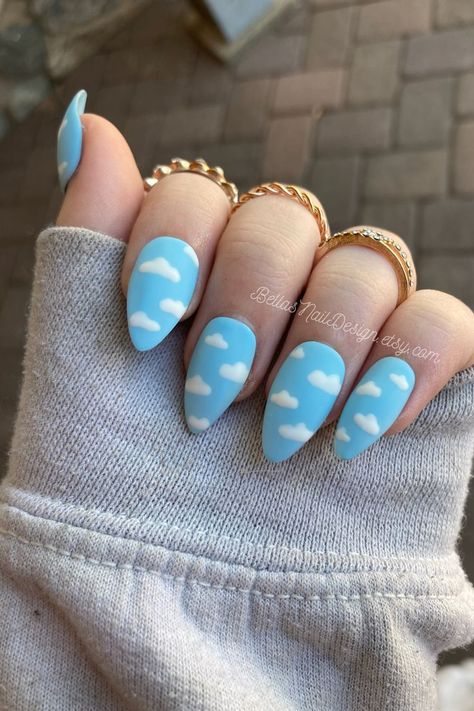 Cloud Nails, Nails Designs Ideas, Hoco Nails, Blue Nail Color, Nails Hand Painted, Gel Press On Nails, Nails Art Ideas, Sns Nails, Gel Press