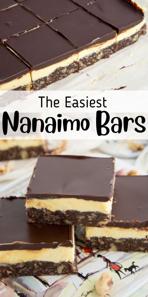 These decadent Nanaimo Bars are a no bake, triple layer treat that originated in Nanaimo, British Columbia, Canada. Namino Bars, Baking Bars, Nanaimo Bar, Nanaimo Bar Recipe, Canadian Dessert, Nanaimo British Columbia, Easy Dessert Bars, Chocolate Bar Recipe, Bar Desserts