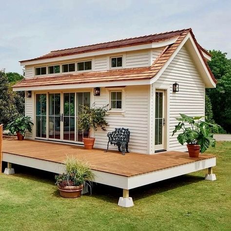 Tiny House Time White Tiny House, Tiny House Porch, Tiny Home Ideas, House Porch, Tiny Home, Porch Patio, Covered Porch, Rocking Chair, French Doors