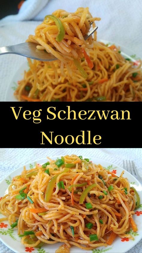 Schezwan Noodles Recipe | Veg Schezwan Noodles is a spicy and tasty Indo Chinese recipe, made by stir-frying noodles and vegetables with schezwan sauce. #schezwannoodles #spicyschezwannoodles #vegschezwannoodles #IndoChinese #vegetarian #streetfood Indo Chinese Food, How To Cook Noodles, Schezwan Noodles, Indo Chinese Recipes, Schezwan Sauce, Chinese Recipe, Carrot Greens, Breakfast Recipes Indian, Noodles Recipe