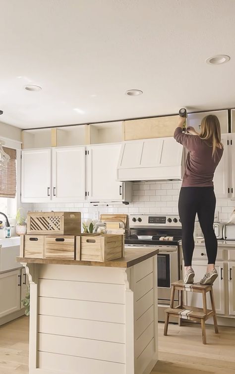 DIY Upper Cabinet Boxes Storage Above Kitchen Cabinets, Pretty Organization, Kitchen Makeover On A Budget, Kitchen Cabinets To Ceiling, Basement Staircase, Space Above Kitchen Cabinets, Cabinets To Ceiling, Top Of Kitchen Cabinets, Budget Makeover