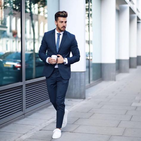 Dashing Formal Outfit Ideas for Stylish Men 13 #suits #men #outfits #UrbanMenOutfits #menfashion #mensguides #menswear #menstreetstyle #streetwear #stylish Rowan Row, Mens Formal Outfits, Suits And Sneakers, Business Casual Suit, Dark Blue Suit, How To Wear Sneakers, Mens Hats Fashion, Formal Men Outfit, Sneaker Outfits