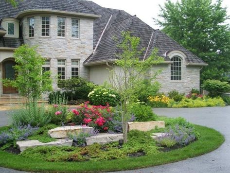 the circular driveway can be decorated with bright colors, stones and greenery Circle Driveway, Circle Drive, Driveway, Front Yard, Landscaping, Yard, Drive, Flowers, Design