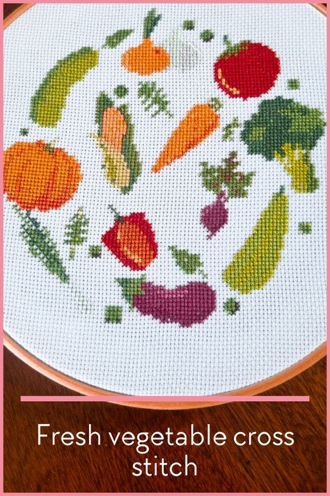 Fresh vegetable cross stitch (free pattern) - Vegetable Cross Stitch, Stitch Presents, Stitch Food, Vegetable Chart, Cross Stitch Free, World Vegan Day, Anchor Threads, Free Chart, Stitch Ideas