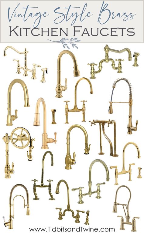 A roundup of beautiful vintage-style brass kitchen faucets! From utilitarian to old-world charm, these are the best kitchen faucets that I came across during my remodel search. Antique Brass Kitchen Fixtures, Patina Kitchen Hardware, French Country Kitchen Sink Faucets, Brass Kitchen Sink Hardware, Lacquered Brass Kitchen Faucet, Aged Brass Faucet Kitchen, Brass Gooseneck Faucet, French Country Faucets, Vintage Brass Kitchen Faucet