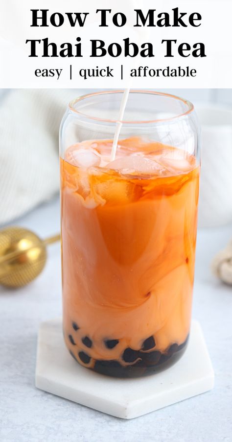 Make ice Thai Boba Tea at home today! It's easier than you think, budget-friendly and you control the sweetness or the kind of milk to use. I like mine with soy milk and maple syrup.  Thai Bubble Tea | How to make bubble (boba) tea at home | Thai milk tea | Thai pearl tea Milk Tea Recipe Boba, Thai Boba Tea Recipe, Thai Tea Boba Recipe, Thai Milk Tea Recipe, How To Make Milk Tea, Caramel Milk Tea Recipe, Fruit Tea Recipes Boba, Tai Tea, Boba Tea At Home