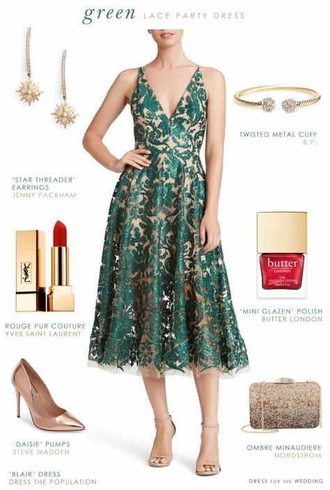 Today's featured outfit for a holiday party focuses on this green lace party dress. A pretty midi length green dress with metallic lace. Tea Length Green Dress, Green Lace Dress Outfit, Mint Green Dress Outfit, Outfit Graduacion, Party Dress Green, Dress For The Wedding, Dusty Pink Bridesmaid Dresses, Green Dress Outfit, Lace Dress Outfit