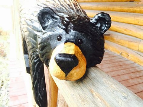 Chainsaw carved bear that can fit on any rail up to 4.5! Hand carved by artist Jeff Fleming. 21 x 14 x 8 Indoor or protected outdoor use only! Free shipping within the continental untied states. Any orders placed from Alaska, Hawaii or international will be contacted for additional Wooden Bears, Wooden Bear Carving, Grizzly Woodworking, Welcome Bear Carving, Black Bear Wood Carving, Carved Bears Chainsaw, Mountain Cabin Decor, Chainsaw Carvings, Kalispell Mt