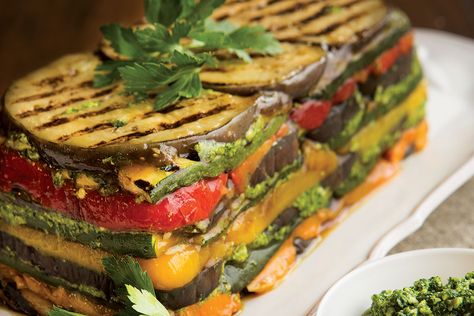 Impress your meat-free guests with this snazzy vegan stack. Whether served as a side dish or main course, you’ll fall in love at first bite. Tip: Switch up the vegetables in … Sunflower Seed Pesto, Vegetable Terrine, Terrine Recipe, Roasted Vegetable, Vegetarian Entrees, Eggplant Recipes, Vegetable Seasoning, Sunflower Seed, School Snacks