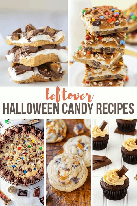 25 Leftover Halloween Candy Recipes - A Grande Life Peppermint Patty Cupcakes, Candy Corn Bark, Pretzel Chocolate Bites, Leftover Halloween Candy Recipes, Candy Cookie Cake, Peanut Butter Cheesecake Recipes, Halloween Candy Recipes, Chocolate Cupcakes Filled, Snickers Chocolate