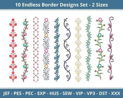 Endless Floral Border Bundle 5 - 10 Designs - Products - SWAK Embroidery Emboirdery Pattern, Embroidery Border Designs, Line Embroidery Design, Boarders Designs, Flower Embroidery Pattern, Border Embroidery Design, Embroidery Borders, Embroidery Border, Me Design