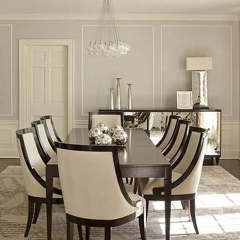 Cream and Gray Dining Room with Mirrored Buffet Cabinet Cream Dining Room, Neutral Dining Room, Rustic Dining Furniture, Farmhouse Dining Rooms Decor, Cream Trim, Transitional Dining Room, Grey Dining Room, Luxury Dining Room, Elegant Dining Room