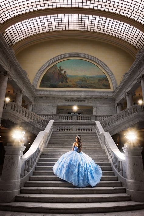 Stunning Quinceanera Photography at the Utah State Capitol - Capturing Your Special Day — Once Upon a Quince Photography & Videography Once Upon a Quince | Premier Utah Quinceanera Photography and Videography Quince Court Pictures Photo Ideas, Quince Picture Ideas Photography, Light Blue Quinceanera Ideas, Quince Court Pictures, Blue Quinceanera Ideas, Quinceanera Poses, Quince Picture Ideas, Quince Court, Quince Photos