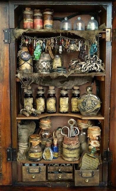 witches cupboard Witches Cabinet Ideas, Potions Cupboard, Magic Item Art, Witch Cupboard, Potion Shelf, Potion Cabinet, Witches Cabinet, Witch's Apothecary, Witch Cabinet