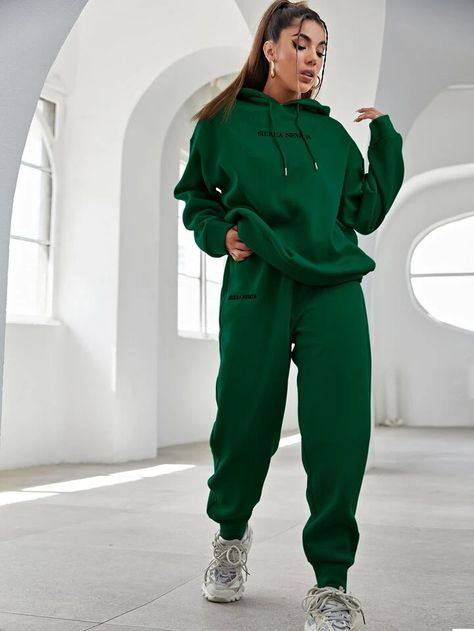 Track Suits Women Style, Green Hoodie Women, Outfit Jogging, Sweatpants Shein, Sweatsuit Outfits, Track Suits Women, Drop Shoulder Hoodie, Hoodie And Sweatpants, Letter Embroidery