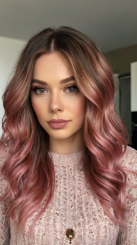 Pink Hair Ideas Brown Hair With Pink Undertones, Pink Hair Highlights On Black Hair, Honey Pink Hair, Brown And Rose Gold Hair, Pink Hair On Brown Hair, Brown Pink Ombre Hair, Dusty Pink Hair Balayage, Pink Blonde Hair Rose Gold, Subtle Rose Gold Hair Brunette