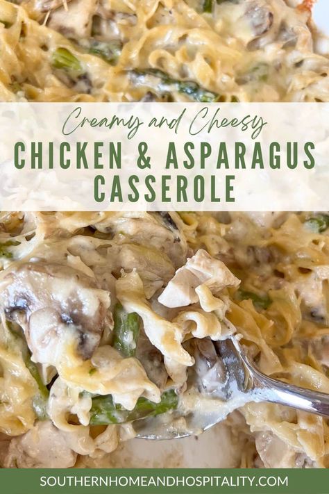 Chicken and asparagus casserole Pinterest graphic Chicken And Asparagus Casserole, Easy Recipe With Chicken, Chicken And Asparagus Recipes, Chicken Asparagus Casserole, Chicken Asparagus Recipe, Asparagus And Pasta, Creamy Chicken And Asparagus, Creamy Casserole, Casserole Bake