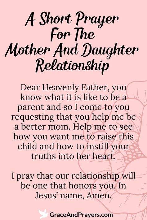 In the unique journey shared by mothers and daughters, every moment is an opportunity for growth and deeper connection.

Offer up this prayer for the mother-daughter relationship, asking for patience, love, and laughter to be ever-present in their shared path.

For prayers that enrich family bonds, visit Grace and Prayers. Mother Daughter Prayers, Daughter Mother, Prayers For Mother Daughter Relationship, Prayers For Daughters, Prayer For My Daughter, Mother Daughter Bond, Mother Daughter Devotions, Mother And Daughter, Mother And Daughter Relationships