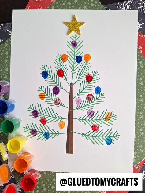 Preschool Thumbprint Art, Preschool Fingerprint Christmas Crafts, Reindeer Thumbprint Craft, Christmas Tree Qtip Painting, Kid Fingerprint Art, Kids Fingerprint Christmas Crafts, Fingerprint Christmas Lights Craft, Christmas Tree Preschool Art, Finger Print Christmas Crafts