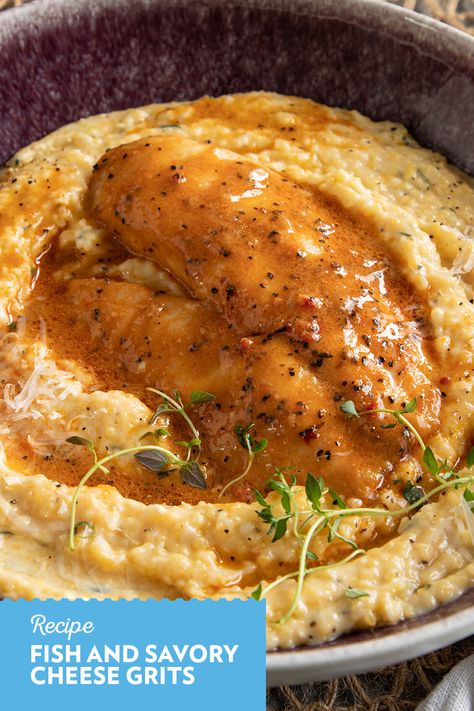 Scallop And Grits Recipes, Cod And Grits, Blackened Catfish And Grits, Fish And Grits Sauce, Chicken And Grits Recipes Dinners, Blackened Fish And Grits, Cajun Cheese Grits, Salmon And Grits Breakfast, Tilapia Breakfast