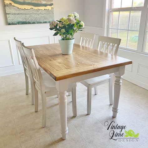 White painted table with new custom built pine top stained in Early American and sealed with polyurethane. Refinished Dining Table, White Painted Table, Chalk Paint Kitchen Table, Pine Table And Chairs, Pine Dining Room, Repainting Kitchen Cabinets, Painted Kitchen Tables, White Kitchen Table, Wooden Kitchen Table