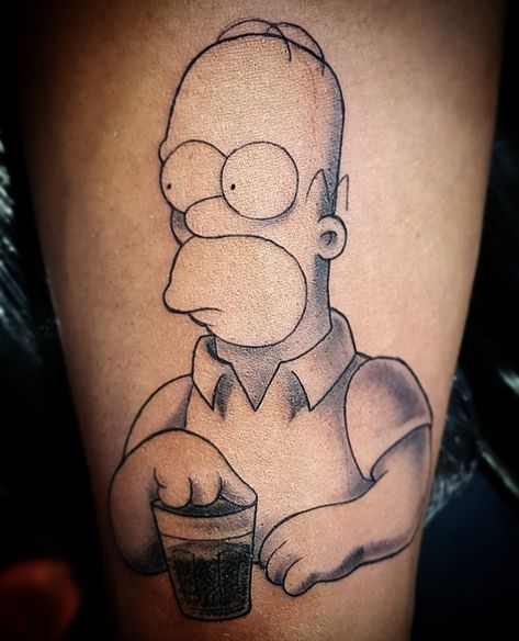 A black and grey Tattoo design of Homer Simpson. 7RL also 13MG. 7rl Tattoo, Homer Simpson Tattoo, Black And Grey Tattoo Design, Grey Tattoo Design, Simpson Tattoo, Simpsons Tattoo, Black And Grey Tattoo, Homer Simpson, Grey Tattoo