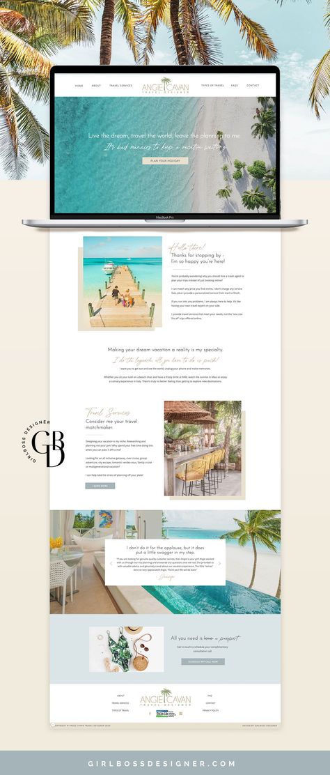 Light, Beachy Neutral Toned Website Design for Travel Designer, Angie Cavan Travel Designer. Natural, airy neutrals are paired with palm trees, shady beaches, bold fonts, and clean lines on her new travel website! Nature inspired travel branding is showcased on her Showit website, made using our Chloe Travel template, by Girlboss Designer! #travelwebsite #travelwebsitedesign #travelbranding #websitedesign #naturalbranding #Showit #girlbossdesigner Travel Branding, Travel Blog Design, Travel Website Templates, Travel Template, Travel Website Design, Design Sites, Showit Template, Website Template Design, Travel Brand