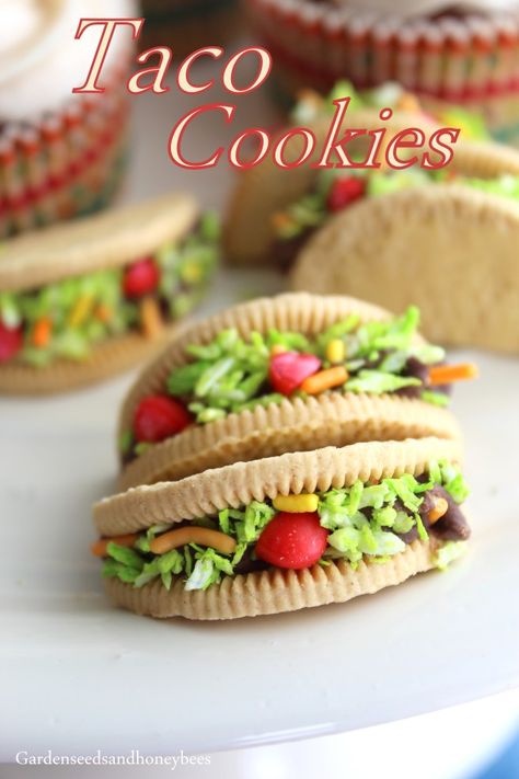 Taco Cookies - Garden Seeds and Honey Bees Taco Cookies, Sombrero Cookies, Taco Fest, Fiesta Cookies, Cookie Themes, Taco Cupcakes, Taco Cake, Taco Bout A Baby, Dessert Taco