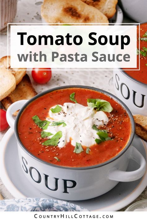 This easy recipe turns a humble jar of pasta sauce into a delicious homemade tomato soup. Tomato soup with pasta sauce needs only 6 simple ingredients and is ready in 30 minutes. Pair it with a grilled cheese or sandwich for a hearty, satisfying meal. It has a rich tomato flavor and a thick, creamy texture. The perfect meal for a cold day! You can enjoy pasta sauce tomato soup as a main dish with a grilled cheese sandwich or crusty bread or a starter for a family meal. | CountryHillCottage.com Tomato Soup Recipe With Tomato Sauce, Tomato Soup With Spaghetti Sauce, Tomato Soup With Pasta Sauce, Tomato Soup From Pasta Sauce, Tomato Soup Pasta Sauce, Pasta Sauce Tomato Soup, Tomato Soup Out Of Tomato Sauce, Tomato Soup From Spaghetti Sauce, Easy Tomato Soup With Tomato Sauce