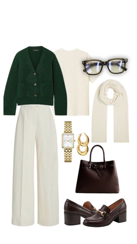 Olive Green Sweater Outfit, Sunday Brunch Outfit Fall, Classic Chic Outfits, Brunch Outfits Fall, White Tops Outfit, Sunday Brunch Outfit, Pakistani Women Dresses, Muslim Outfits Casual, White Trousers