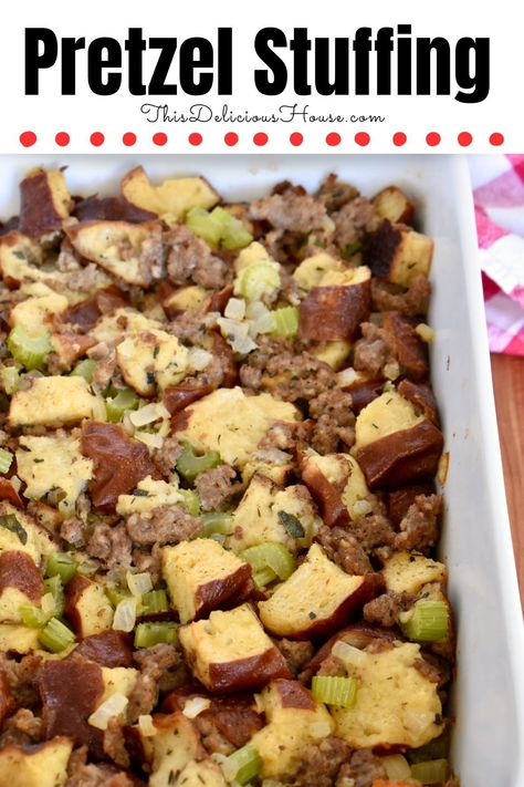 Pretzel Stuffing made with Pretzel Bread and Sausage is sure to be your new favorite Thanksgiving stuffing recipe! This delicious recipe is made with cubes of pretzel bread and is great for your holiday meal. Pretzel Stuffing, Bread Stuffing With Sausage, Bread And Sausage, Bread Thanksgiving, Stuffing With Sausage, Thanksgiving Stuffing Recipe, Pretzel Bread, Bread Stuffing, Potato Rolls