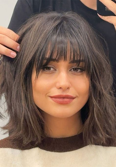 Medium length bob with fringe, long bob with fringe, Short medium length bob with fringe, long bob with bangs, layered bob with side bangs, mid-length bob with fringe, bob with curtain bangs, long bob with bangs, lob with bangs Short Dark Hair With Fringe, Medium Length Layered Bob Hairstyles With Bangs, Medium Bob With Side Fringe, Cowboy Bob, Medium Bob With Fringe Bangs, Short Layered Bangs, Mid Hair With Fringe, Bob With Straight Bangs, Hairstyles Bob Medium