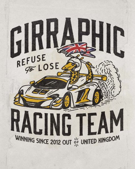 Girraphic - Illustration for T-shirt by Angon Mangsa on Dribbble White Racing Style T-shirt With Graphic Print, Racing Style Graphic Print T-shirt For Fans, Black Racing Style T-shirt With Logo Print, Car Tshirt Design Graphic Tees, Vintage Car Graphic Tee, Art Merchandise, Typography Illustration, Merch Ideas, Badge Design